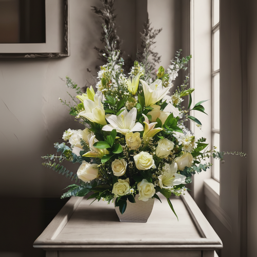 Arreglo floral blanco y verde sobre mesa junto a ventana Arreglo de flores blancas con lirios y rosas en jarrón beige sobre una mesa clara, con fondo interior elegante y luz natural entrando por la ventana