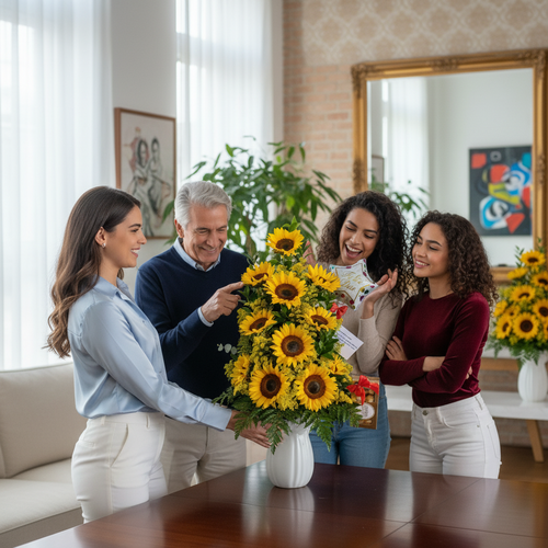 Grupo de cuatro personas sonriendo alrededor de un gran arreglo de girasoles en un florero blanco sobre una mesa de madera en una sala iluminada