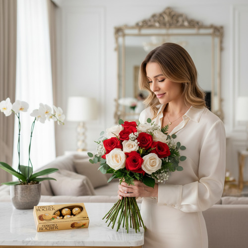 Mujer joven vestida de blanco sosteniendo un ramo de rosas rojas y blancas junto a una caja de bombones sobre una mesa en una sala de estar elegante