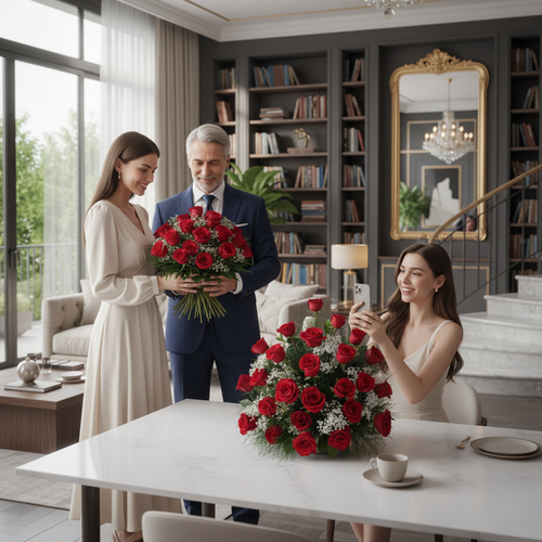 Hombre y mujer de pie sosteniendo un ramo de rosas rojas mientras otra mujer sentada toma una foto de un gran arreglo floral sobre una mesa blanca en una sala de estar elegante con libreros y lámpara de araña
