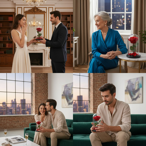 Collage de cuatro escenas interiores donde diferentes personas sostienen y regalan una rosa roja preservada dentro de una cúpula de cristal transparente