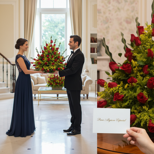 Hombre con esmoquin entregando a mujer con vestido azul un gran arreglo de rosas rojas en un salón elegante, junto a un primer plano del ramo con tarjeta que dice Para Alguien Especial