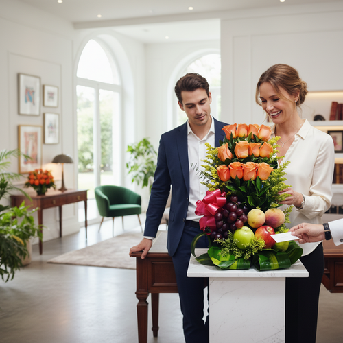 Mujer y hombre observan un arreglo de rosas naranjas con frutas sobre un pedestal en una sala luminosa y elegante