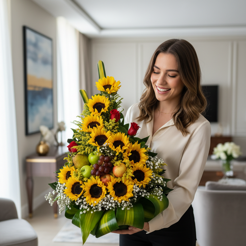 Mujer joven sonriente sosteniendo un gran arreglo floral con girasoles, rosas rojas, gypsophila y frutas como uvas y manzanas en una sala de estar moderna y luminosa