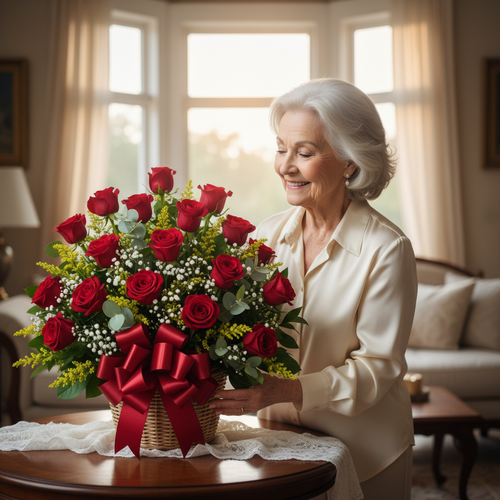 Mujer mayor de cabello canoso sonríe mientras acomoda un gran arreglo de rosas rojas en una sala de estar luminosa