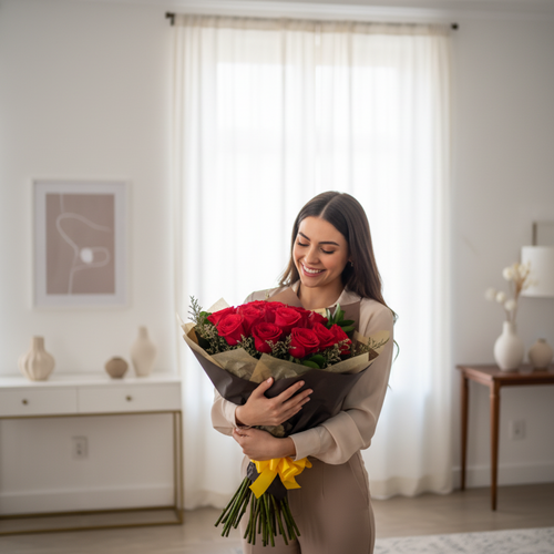 Mujer sonriente con un gran ramo de rosas rojas con lazo amarillo en una sala de estar luminosa y moderna