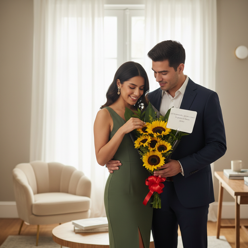 Hombre y mujer abrazados sosteniendo un ramo de girasoles con lazo rojo y tarjeta en una sala de estar luminosa