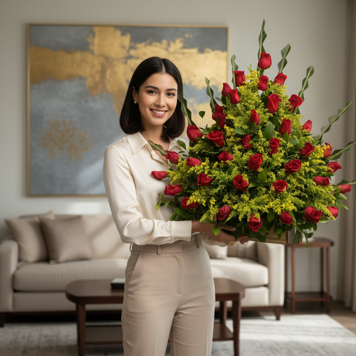 Mujer joven sonriente con camisa beige sosteniendo un gran arreglo de rosas rojas y follaje verde en una sala de estar elegante con sofá claro y cuadro abstracto al fondo