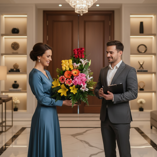 Mujer con vestido azul recibiendo un gran ramo de flores coloridas de un hombre con traje gris en un vestíbulo moderno y elegante