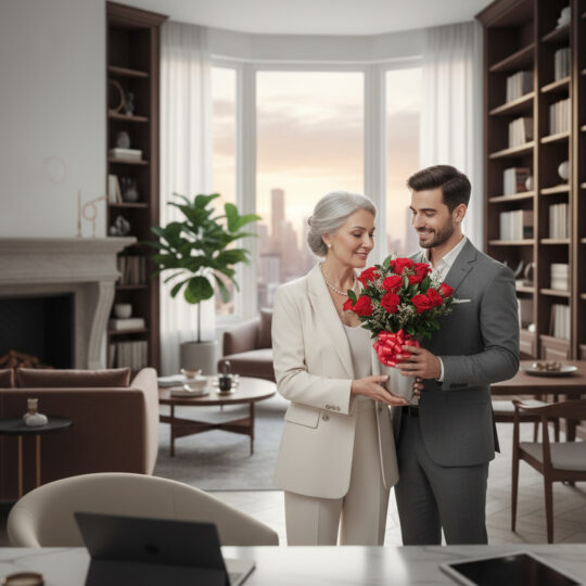 Hombre joven con traje gris entrega a una mujer mayor con traje beige un ramo de rosas rojas con lazo rojo en una oficina elegante con grandes ventanales y estanterías de libros