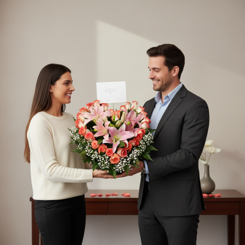 Hombre con traje gris entregando a una mujer un gran ramo en forma de corazón con lirios rosados y rosas, de pie en una sala con mesa al fondo