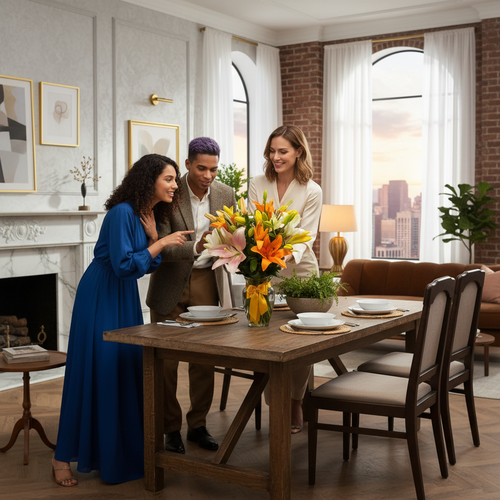 Tres personas de pie junto a una mesa de comedor de madera observando un gran ramo de flores naranjas y rosadas en un salón moderno con ventanales y vista a la ciudad