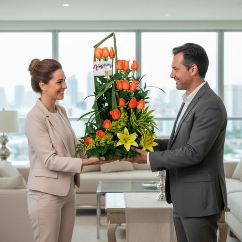 Hombre y mujer de negocios sostienen juntos un arreglo floral con tulipanes naranjas y lirios amarillos en una sala de oficina luminosa