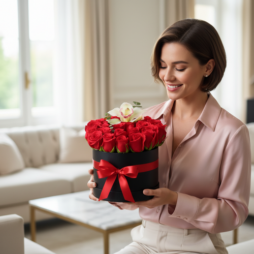 Mujer joven con camisa rosa clara sosteniendo una caja redonda negra con rosas rojas y lazo rojo en una sala de estar elegante y luminosa