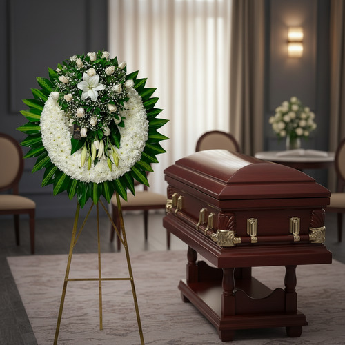 Corona fúnebre de flores blancas sobre caballete dorado junto a ataúd de madera barnizada en una sala de velatorio elegante