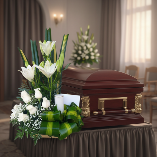 Ataúd de madera barnizada color caoba con herrajes dorados, decorado con un arreglo floral de lirios y rosas blancas sobre una mesa cubierta con mantel en una sala de velatorio