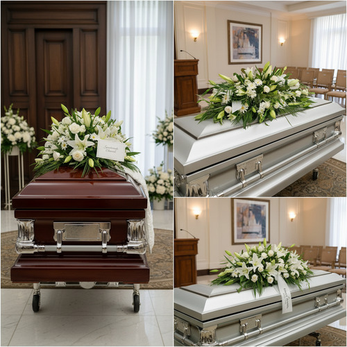 Collage de tres fotografías con ataúdes de madera y metálicos decorados con arreglos florales blancos en una sala de velatorio elegante