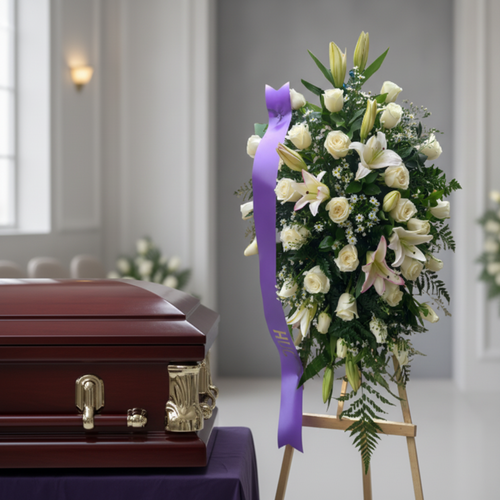 Arreglo floral fúnebre de lirios y rosas blancas con cinta morada junto a un ataúd de madera barnizada en una sala velatoria luminosa