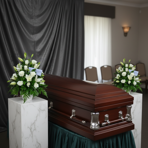 Ataúd de madera oscura sobre base cubierta con tela verde, flanqueado por dos arreglos de flores blancas en pedestales de mármol en una sala de velatorio