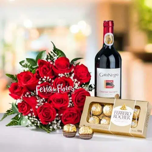 Bouquet de Rosas, Vino y Chocolates