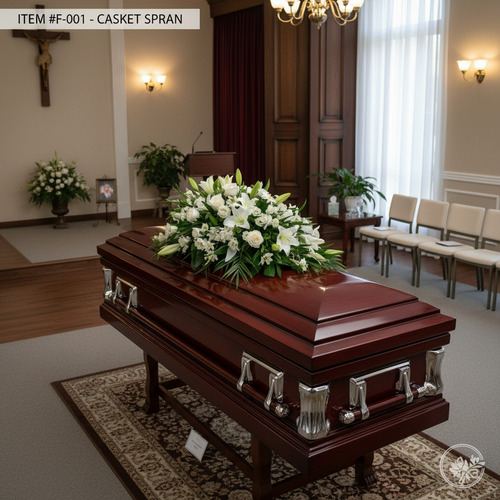 Ataúd de madera oscura con herrajes metálicos y gran arreglo de flores blancas sobre la tapa, situado en una sala de velatorio con sillas, flores y crucifijo en la pared