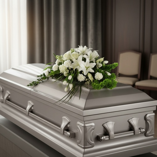 Ataúd metálico gris cerrado con asas plateadas y arreglo de flores blancas encima, en una sala de velatorio con sillas al fondo
