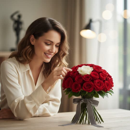 Mujer sonriente admirando el Arreglo Floral ALESSIA con 23 rosas rojas y 1 rosa blanca, atado con un moño gris, en un interio