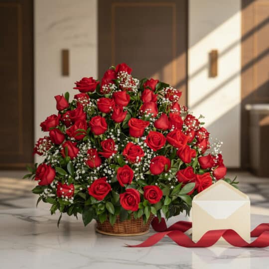 Impresionante arreglo floral Amor Gigante con docenas de rosas rojas frescas y follaje verde, presentado en una cesta de mimb