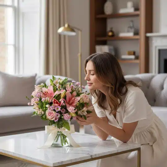 Mujer joven admirando y oliendo un arreglo floral ANNA de rosas rosadas y lirios en un jarrón con moño, sobre una mesa de már