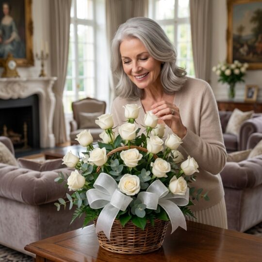 Mujer elegante de cabello gris admirando un arreglo floral de rosas blancas en una cesta de mimbre con un moño blanco, en un
