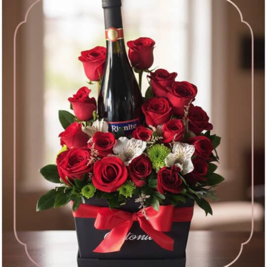 Arreglo floral ENNIO con rosas rojas vibrantes, alstroemerias blancas y vino tinto, presentado en caja negra con lazo rojo.