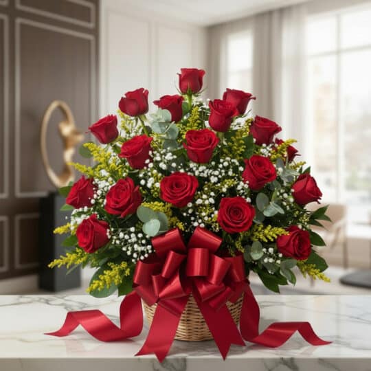Arreglo floral Escarlata con rosas rojas vibrantes, follaje verde y flores blancas en una cesta de mimbre, adornado con un la