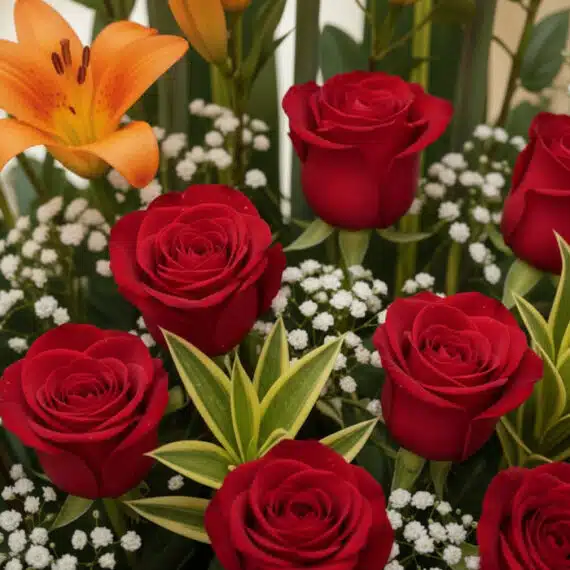 Primer plano extremo de Arreglo Floral Exótico Tucana con rosas rojas, lirios naranjas y pequeñas flores blancas, destacando