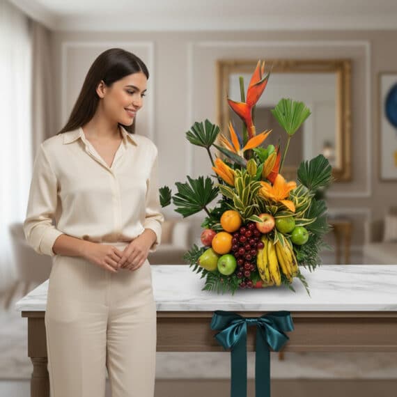 Mujer elegante admirando un Arreglo Floral con Frutas Alfa, destacando flores exóticas, frutas frescas y un moño verde en un