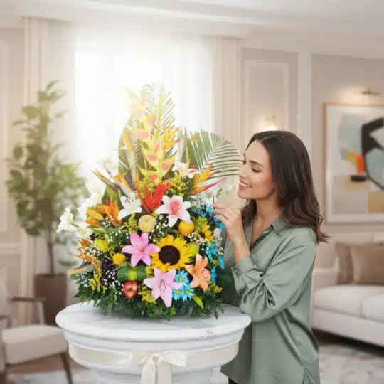 Mujer joven sonriendo y tocando delicadamente un Arreglo Floral con Frutas Tentación, en un lujoso interior de hogar con luz