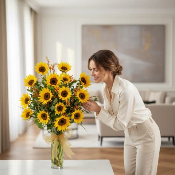 Mujer elegante y natural admirando con deleite un gran arreglo floral de girasoles LENU en un jarrón de cristal con lazo dora