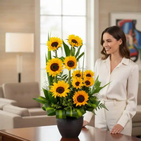 Mujer elegante admirando el Arreglo Floral GIULIANA con Girasoles Radiantes en un hogar de alto diseño con luz natural suave.