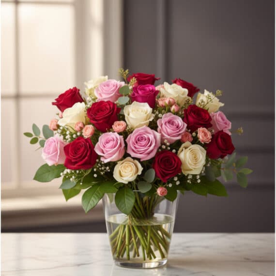 Arreglo Floral LUCREZIA: 30 Rosas Rojas, Rosas y Blancas para Enamorar Arreglo floral LUCREZIA con 30 rosas en tonos románticos (rojas, rosas y blancas) en un jarrón de cristal, sobre una mesa de