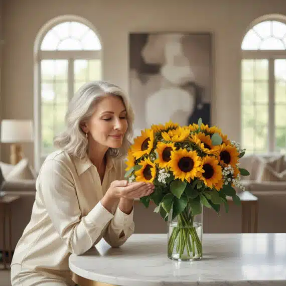 Mujer elegante de cabello plateado admira con deleite un arreglo floral de 21 girasoles en un jarrón de cristal, en un lujoso