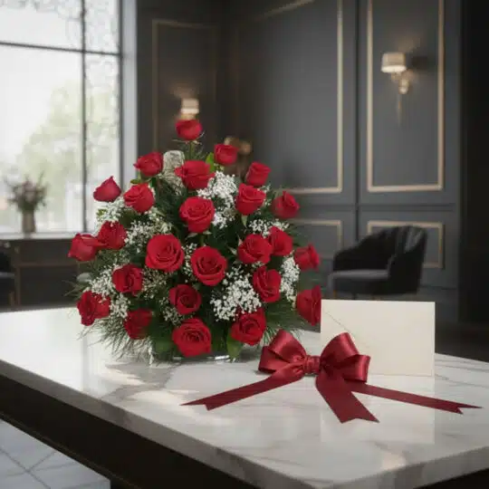 Arreglo floral de rosas rojas y follaje verde sobre mesa de mármol, con lazo de satén rojo y sobre elegante, en un ambiente d