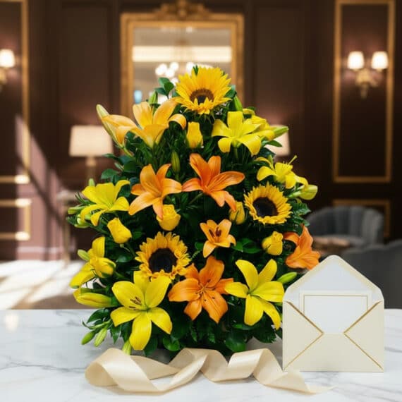 Arreglo floral tropical vibrante con lirios amarillos y naranjas, girasoles y follaje verde, sobre una mesa de mármol en un e