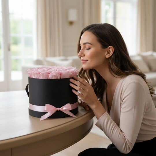 Mujer joven admirando y oliendo con deleite un Arreglo Floral Francesca de 21 rosas rosadas en una caja cilíndrica negra con