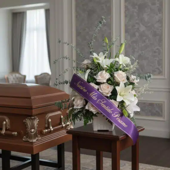 Arreglo floral fúnebre inmortal con rosas blancas, lirios y eucalipto, adornado con una cinta morada que dice 'Nuestro Más Se