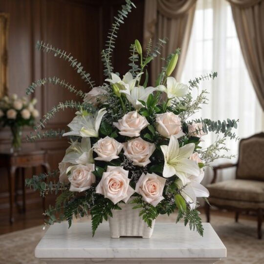 Arreglo fúnebre Inmortal con rosas pálidas, lirios blancos y eucalipto en una sala de velación premium, con luz natural suave