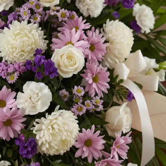 Fotografía macro premium de arreglo fúnebre con rosas blancas, crisantemos y margaritas lilas, rocío sutil, cinta satinada y