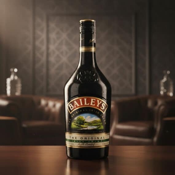 Botella de Baileys Original de 375ml con gotas de condensación, sobre una mesa de madera pulida, con un fondo elegante de cue