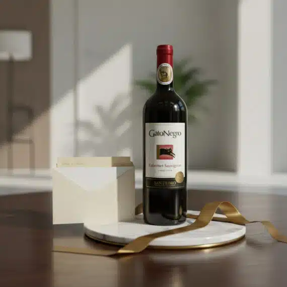 Botella de vino tinto Gato Negro Cabernet Sauvignon sobre una base de mármol, acompañada de una tarjeta de regalo elegante y