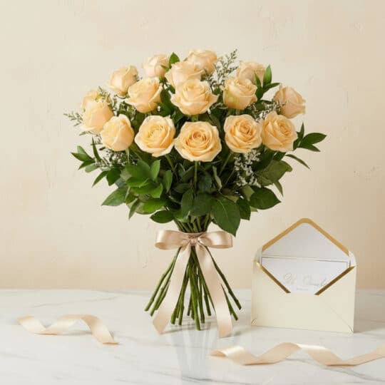 Bouquet de 12 rosas Celestina color melocotón, atado con cinta de satén, junto a una tarjeta de regalo elegante en un sobre a
