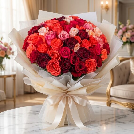 Bouquet de 72 Rosas FILIPPA: Espectáculo de Color Vibrante y Elegancia Impresionante bouquet de 72 rosas FILIPPA en tonos rojos, naranjas y rosas, con empaque coreano elegante, sobre mesa de mármo