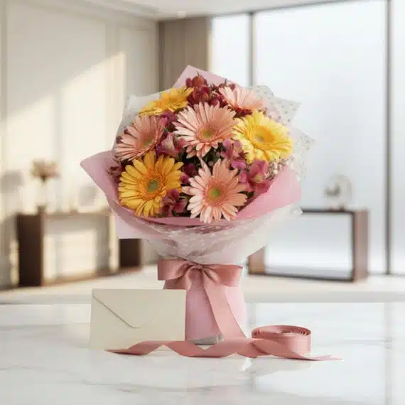 Bouquet de gerberas multicolor (rosas, amarillas, naranjas) con alstroemerias, envuelto en papel rosa y blanco, atado con cin